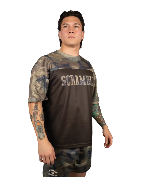 SCRAMBLE Mesh Hybrid Grappling Top – Woodland Camo